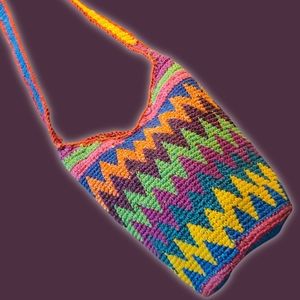 Woven Crochet Shoulder Bag Boho Multicolor Chevron Design